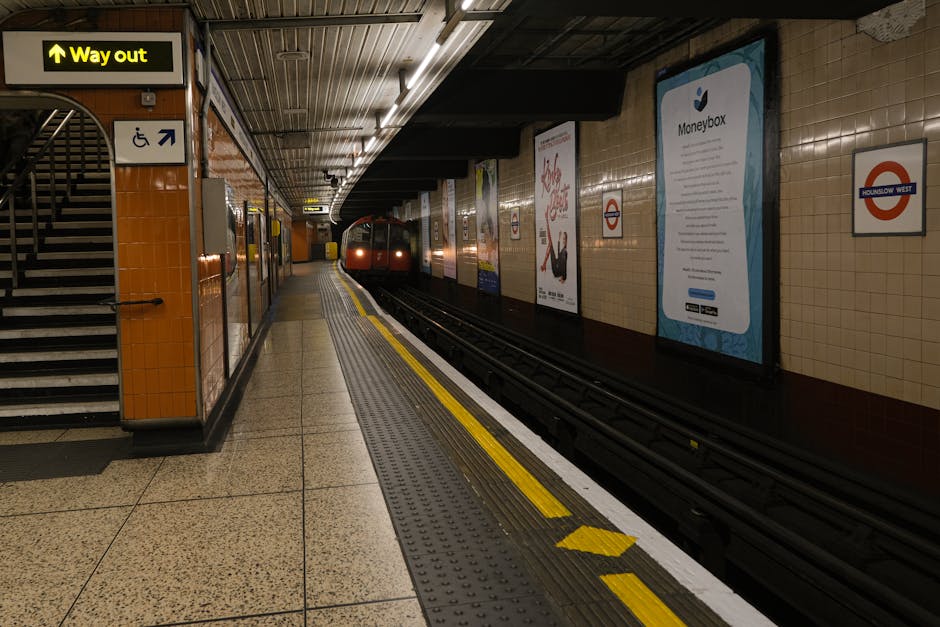 Inside the London Underground station, the platform is tiled in beige and brown with a curved ceiling running overhead. On the left side, there is a staircase with a black handrail leading upward, next to a wall painted orange-brown. A yellow sign with black text reading 'Way out' hangs from the ceiling above the staircase, and a small blue wheelchair accessibility sign is also visible on the wall nearby. The platform features tactile paving with yellow textured strips along the edge closest to the train tracks to assist visually impaired passengers. A train with a red front and black windows is approaching the platform from the distance on the right side, situated on the tracks that run parallel to the platform edge. Bright overhead lighting illuminates the scene evenly, revealing advertisements and informational posters on the tiled wall behind the train. This setting depicts an environment used for passenger transit, and while no removal or packing activities are visible, the station environment is relevant to the logistics involved in house removals and transportation planning managed by Man with Van Brentford.